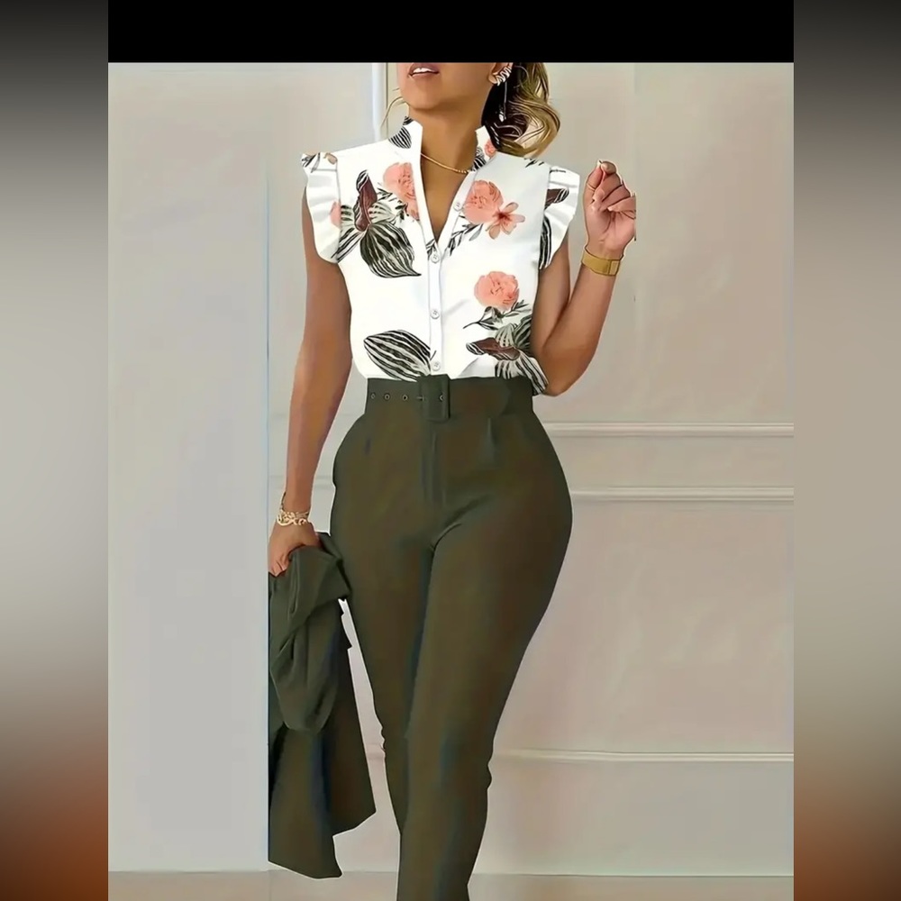 Floral flutter sleeve top with belted olive green pants.. NWOT
